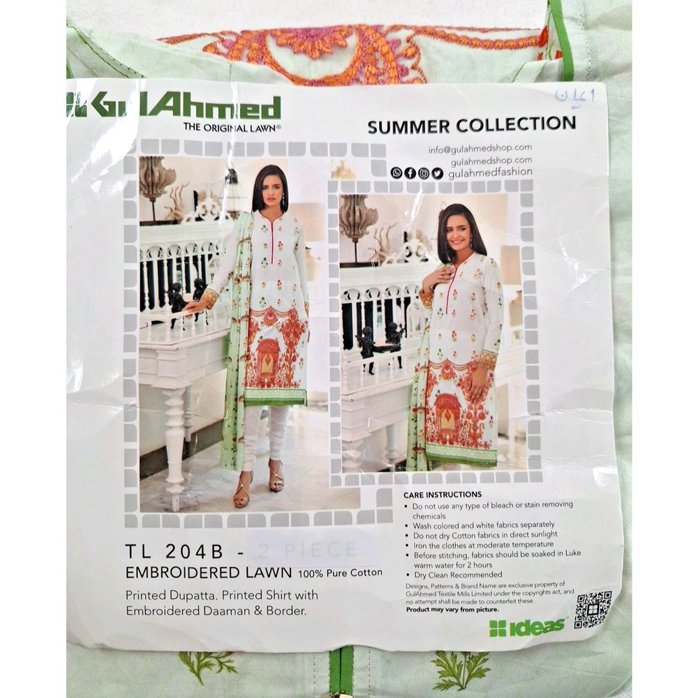 Gul Ahmed Embroidered Lawn 3-Piece Women's Size XL 100%Cotton